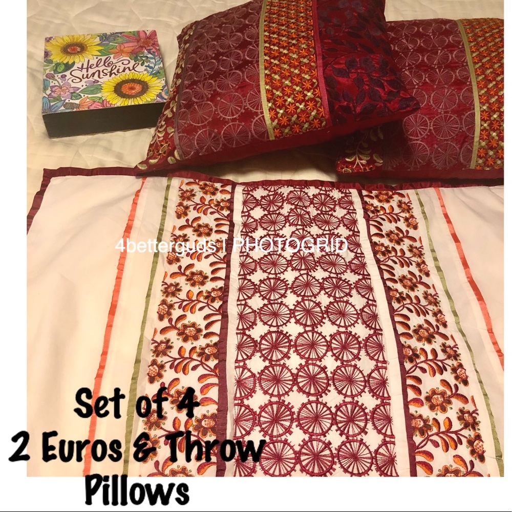 Embroidered Raspberry Floral Set 4 - Euros & Throw